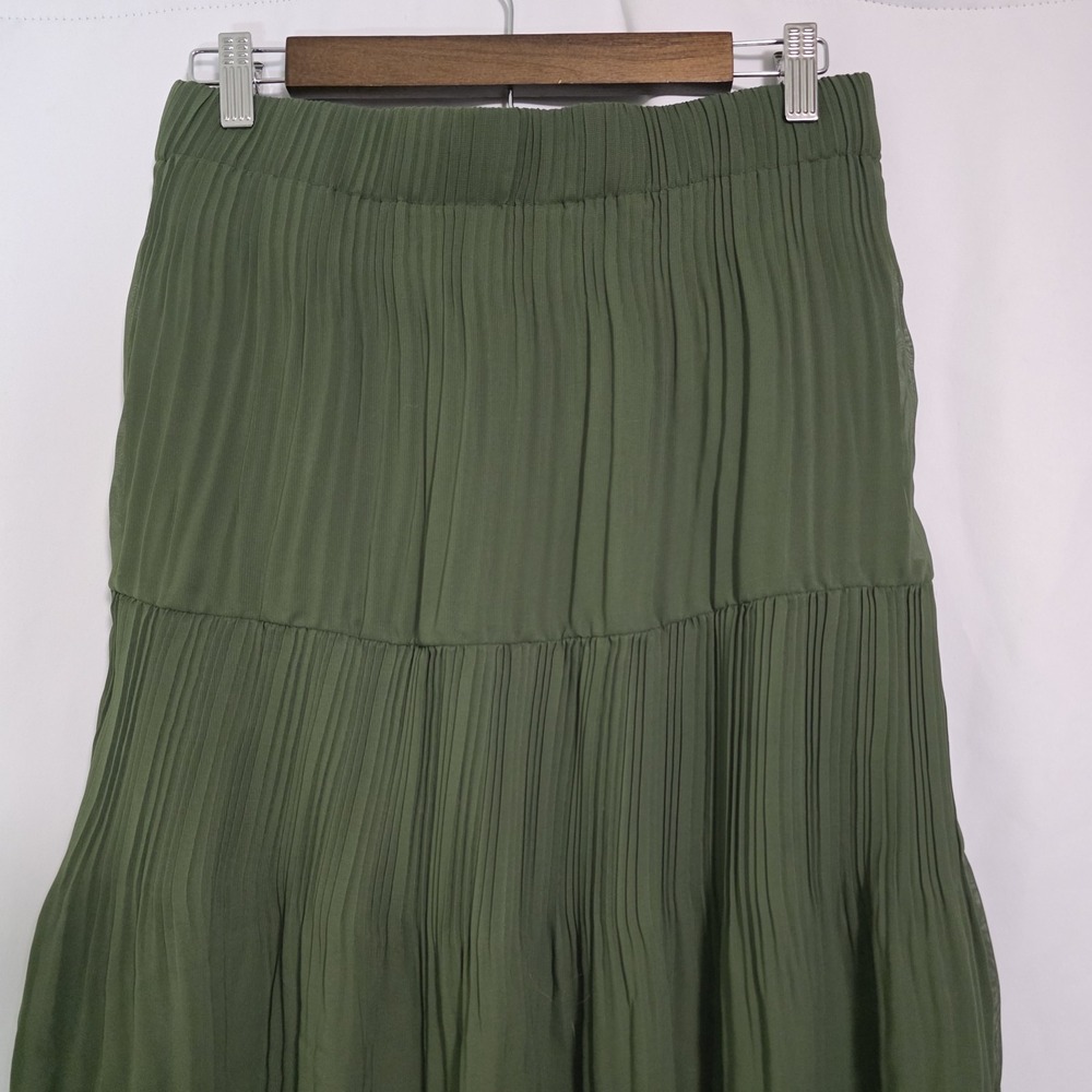 Olive Green Pleated Tiered Midi Skirt Boho Cottagecore Soft Girl Earthy - Picture 5 of 6